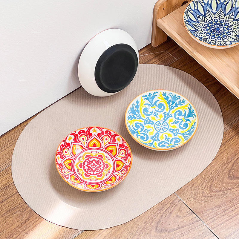 Creative Bohemian Style Pet Plate Round Ceramic Cat Dog Bowl Set of 4 PCS